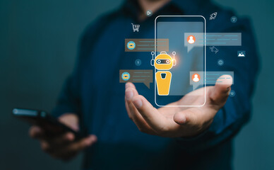Businessman using smartphone with digital chatbot and financial data graph. Concept of AI technology, business growth and innovation.