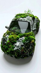 A car made of stone and moss, with a white background.
