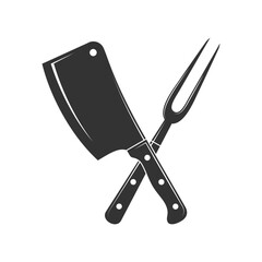 Butcher tools graphic icon. Crossed meat knife and fork isolated symbols on white background. Butchery symbol. Vector illustration