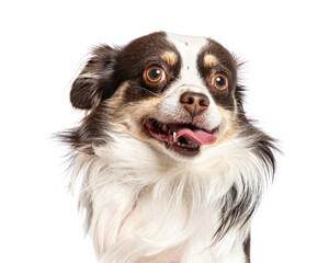 Fototapeta premium Chihuahua dog happily panting looking up on white background