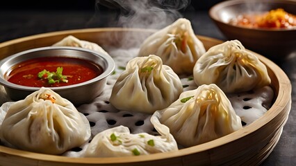 Dumplings with spicy chili sauce on wooden plate