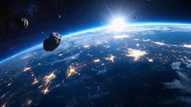 宇宙空間から地球と小惑星を捉えた壮大な科学的情景