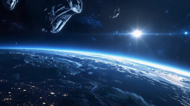 地球の地平線と星々が静寂と神秘を感じさせる宇宙