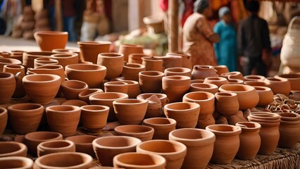 Handmade clay pottery pots in market