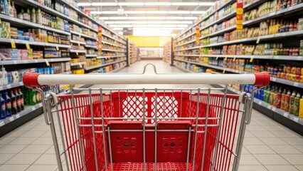 Empty red shopping cart waits patiently in a brightly lit supermarket aisle, conveying solitude in a vast retail space