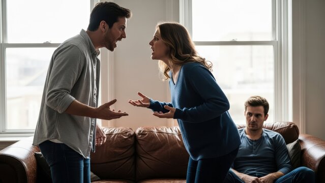Emotionally charged couple shouts in toxic marital conflict, revealing deep tension while seated near a third person on a plush sofa