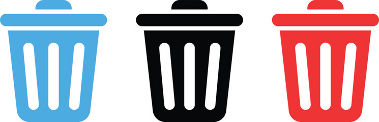 Three stylized trash cans in blue black and red on white background waste bin garbage can