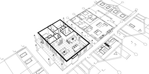 house traditional architecture plan 3d illustration	
