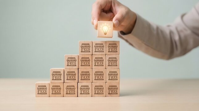 wooden blocks with houses stacked in a pyramid shape