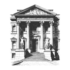 Naklejka premium grand neoclassical building with large columns, statues, and detailed pediment, symbolizing wealth and authority sketch engraving generative ai vector illustration. Scratch board. Black and white.