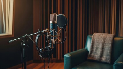 Extra-high definition vintage microphone centers an elegant boutique recording studio, showcasing exceptional detail and professional aesthetic