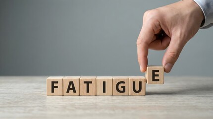 hand placing wooden block with letter E on fatigue word