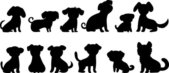 Set of cute cartoon dog silhouettes, vector