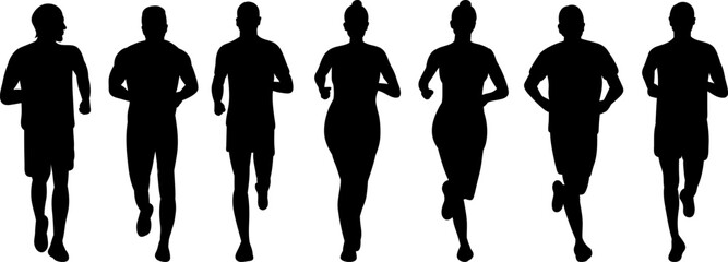 Set of silhouettes of people running forward, vector