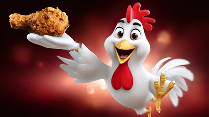 Cheerful animated chicken character presenting a fried chicken drumstick against a vibrant red background with soft light effects