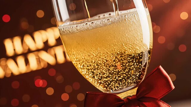 Prestigious Valentine's celebration featuring champagne bubbles and a ruby red bow. High-end lifestyle macro with warm amber glows and shimmering crystal light 4K