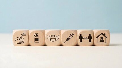 covid-19 prevention icons on wooden blocks