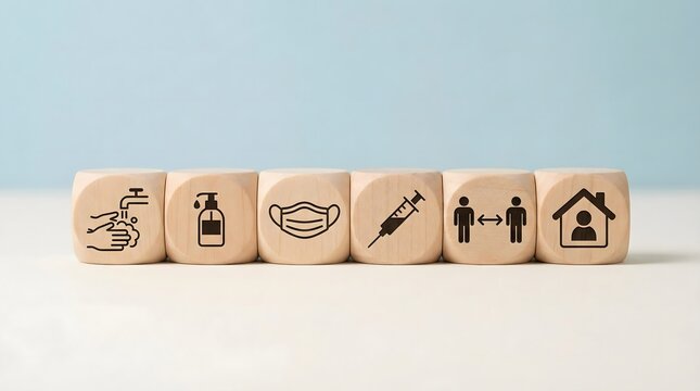 covid-19 prevention icons on wooden blocks