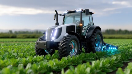 Modern tractor in vibrant green field under clear sky showcasing cutting-edge agricultural technology and sustainability initiatives