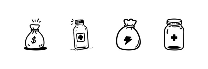 Fototapeta premium Money Bag, Medicine Bottle, Energy Bag, And Medical Jar Icons In Hand Drawn Style Set. Financial Savings, Health Care, Energy Boost, Medical Supplies Sketch Collection. Isolated Vector Illustration