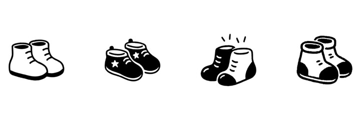 Baby Shoes In Hand Drawn Style Set. Infant Footwear, Cute Baby Booties, Child Fashion Doodle Sketch Collection. Adorable Footwear Designs. Isolated Vector Illustration