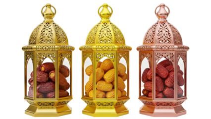 Three ornate lanterns filled with dates isolated on transparent background