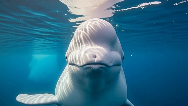 Gentle beluga whale swimming underwater, calm ocean blue background, celebrating Whale Day awareness and marine life protection