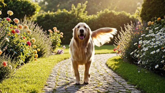 Golden retriever dog walking along sunlit cobblestone garden path with flowering border hedges grass sunlight joyful expression running through summer flower lined pathway