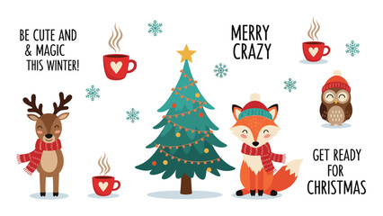 Naklejka premium Festive collection of winter characters including reindeer and fox with hot cocoa and a christmas tree illustration.