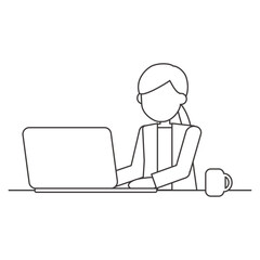 パソコンで作業する女性のシンプルな線画イラスト