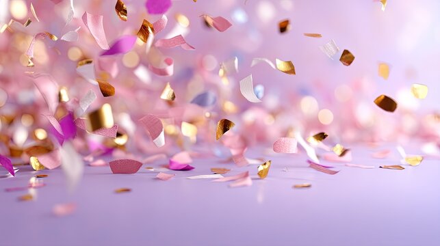 Colorful Confetti Falling Against Soft Purple Background for Celebration and Party Decor