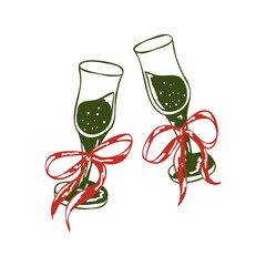 A pair of champagne glasses with tied red bows in simple hand drawn style. Vintage art with festive colors for Holiday celebration. Vector whimsical illustration for cards, labels, packaging, sticker