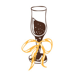 Glass of champagne with tied yellow bow in simple hand drawn style. Vintage art with calm colors for Holiday celebration. Vector whimsical illustration for cards, labels, packaging, sticker