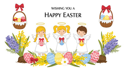 Fototapeta premium Festive easter greeting card with cute little angels holding decorated eggs among blooming spring mimosa flowers.
