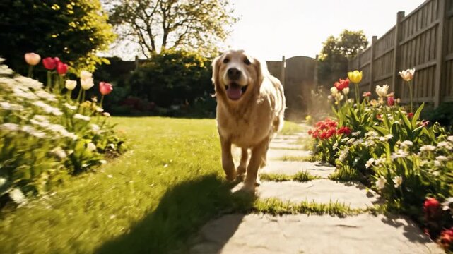 Golden retriever running along sunlit garden path with tulip beds and wooden fence joyful motion toward camera on stone path with carnation flower border warm spring sunlight on grass