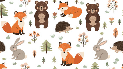 Fototapeta premium Charming seamless pattern of woodland animals like foxes bears and rabbits with stylized forest trees and flowers.