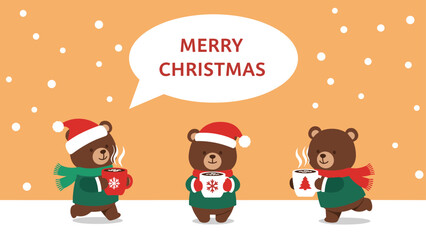 Fototapeta premium Heartwarming christmas scene with three cute brown bears wearing santa hats and holding steaming mugs of hot cocoa.