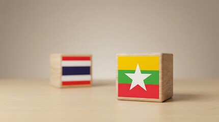 Thailand and Myanmar flags on wooden blocks