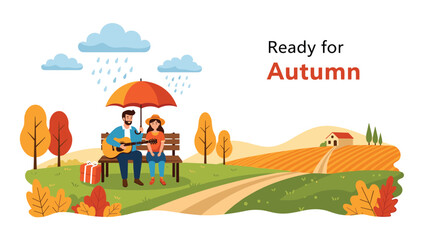 Fototapeta premium Romantic autumn scene of a couple sitting on a park bench under an orange umbrella while the man plays guitar in the rainy countryside.