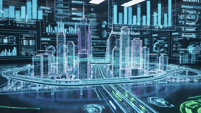 Futuristic holographic city model with illuminated skyscraper wireframes circular elevated transit loop and data dashboards surrounding scene conveying analytics and smart infrastructure interactive