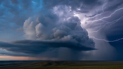 Dramatic stormy landscape with lightning and dark clouds