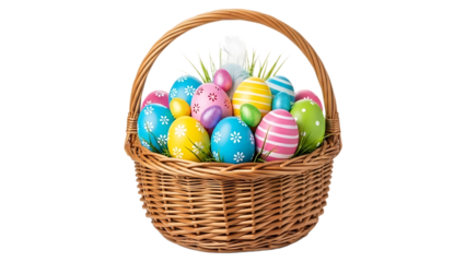 Colorful Easter Basket with Decorated Eggs Isolated on transparent background