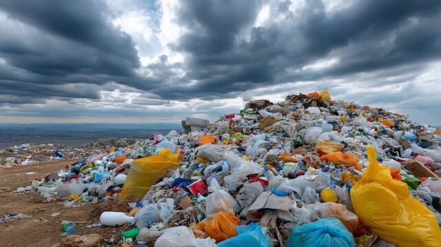 Waste Mountain Under Stormy Skies: A towering mountain of discarded waste looms under a sky heavy with dark, ominous clouds.