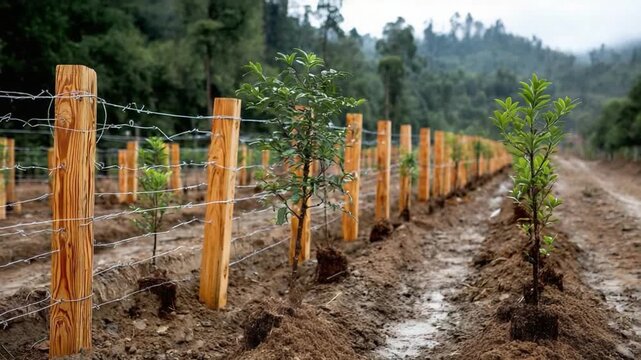 Orchard Fence: A picturesque row of saplings, carefully planted within a sturdy fence, exemplifies growth and the nurturing of potential.