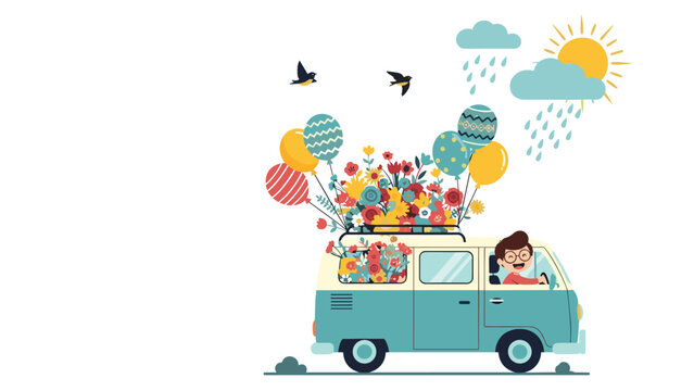 Young boy driving a vintage blue van with a roof rack piled high with colorful flowers and balloons during a gentle spring rain.