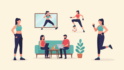 Fototapeta na wymiar Active individuals in fitness attire engage in various activities, including exercise and remote work with pets