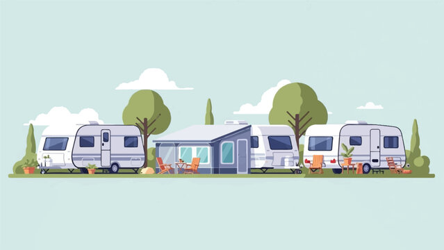 Caravan park with trees, awnings, chairs, a small dog, and cloudy sky