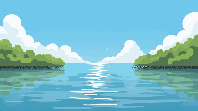 Calm water reflects trees under a blue sky with clouds and a distant bird