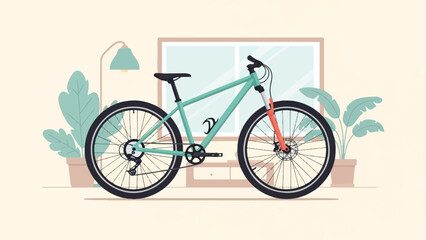 Fototapeta premium A teal bicycle with red front suspension stands indoors