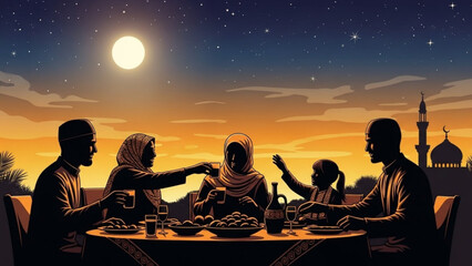 Family Iftar meal under a starry night sky celebrating Ramadan with traditional food and a mosque silhouette warm evening gathering